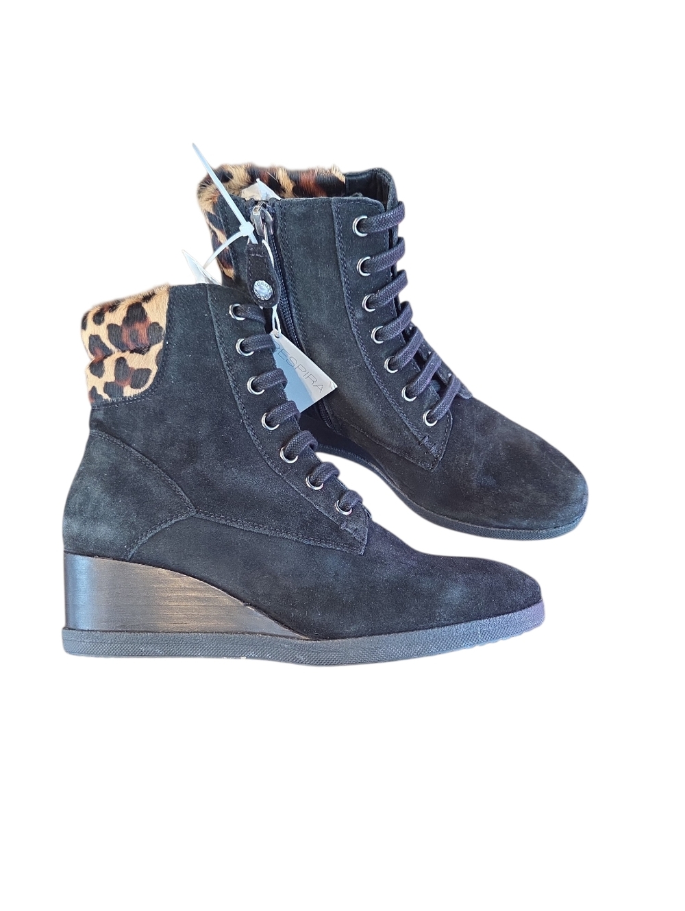 Geox Size 7 NEW Black Suede Wedge Ankle Boots with Leopard Trim